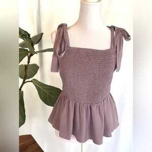 BTFBM Purple Ruffle Smocked Square Neck Cami with Tie Shoulders Size L. NWT.
